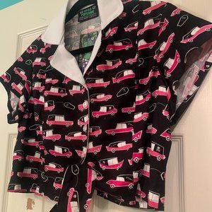 Cropped Goth Pinup Vintage Tie Top in Hot Rod Hearse Print by Miss Fortune UK